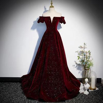 Off-shoulder prom gown, Burgundy velvet evening gown,custom made