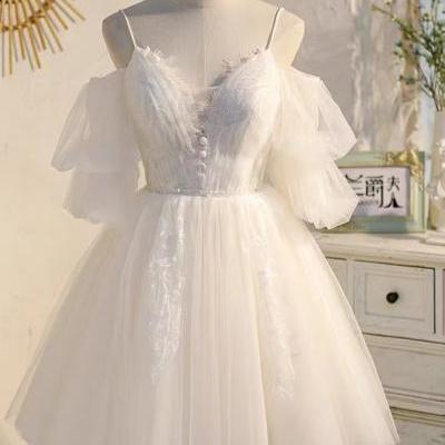 White party dress, spaghetti strap homecoming dress,fairy birthday dress,custom made
