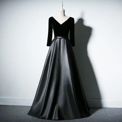 V-neck party dress,noble prom dress,long sleeve black evening dress,,custom made