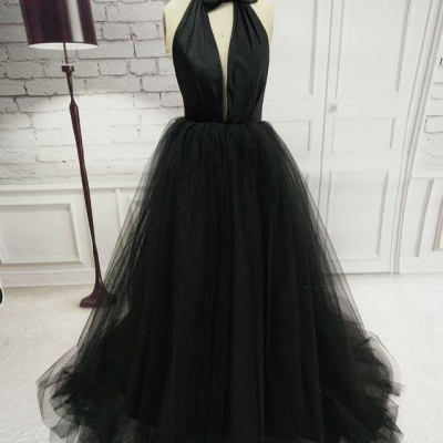 Halter neck evening dress, sexy black dress,backless prom dress,Custom Made