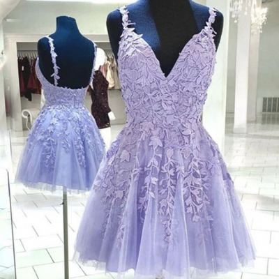 Purple Bridesmaid Dress, Short Prom Dresses, Lace Applique Prom Dress, Lilac Prom Dress, A Line Prom Dress, Knee Length Prom Dress, Spaghetti Strap,custom made