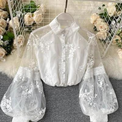 Retro, mesh lace top, stand collar 3d embroidered top, bubble sleeve palace style slimming shirt