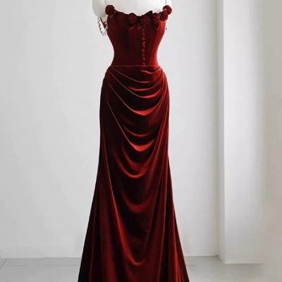 Red velvet evening dress, floral prom dress, chic mermaid dress,custom made