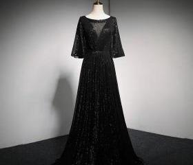 Black Sequin Gown With Sheer Bell Sleeves on Luulla