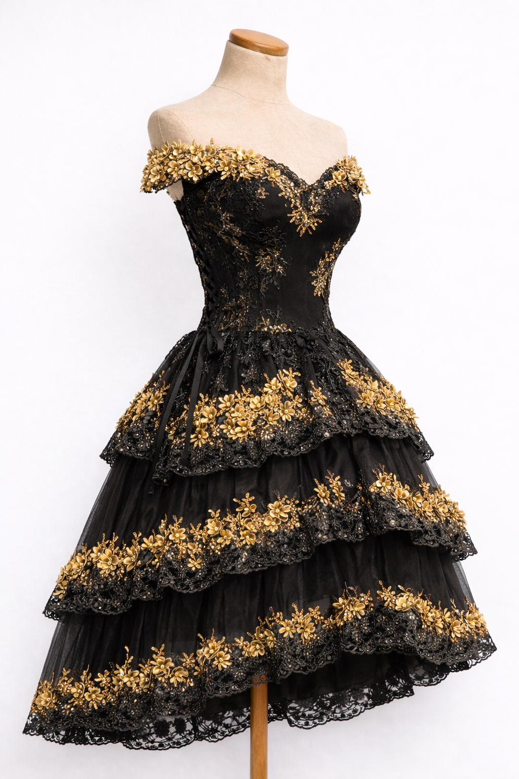 Black and Gold Off Shoulder Floral Applique Tiered Lace-Up Corset Homecoming Dress with Layered Tulle Skirt