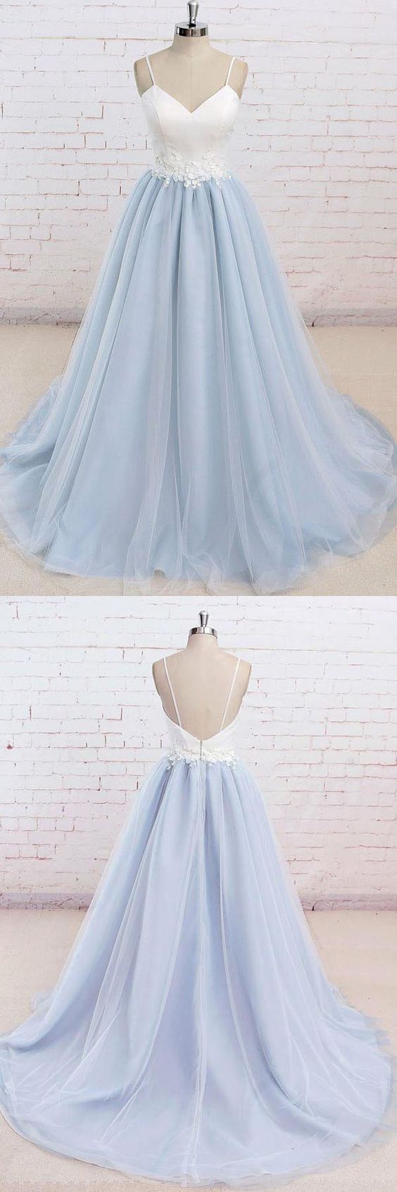 Spaghetti Straps Sweep Train Backless Light Blue Tulle Prom Dress