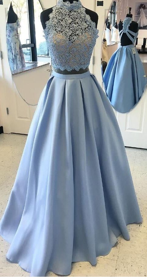 Blue Ball Gown Evening Prom Dresses Comfortable Two Piece Halter Evening Dresses With Lace Zipper Dresses