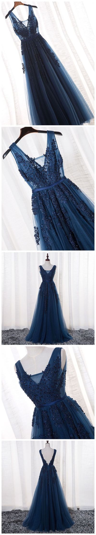 A-line V-neck Floor Length Tulle Prom Dress/evening Dress With Appliques