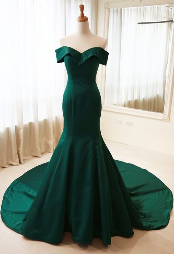 Elegant Mermaid Off Shoulder Sleeves Dark Green Evening Dress,mermaid Prom Dress