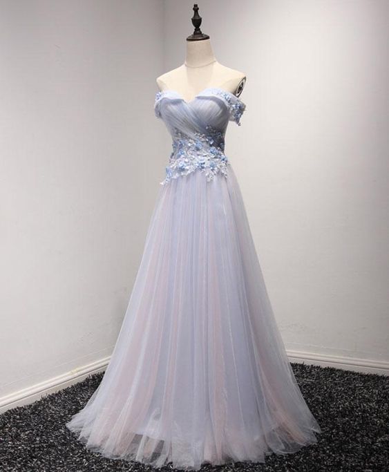 Light Blue Tulle Strapless Long Prom Dress, Evening Dress