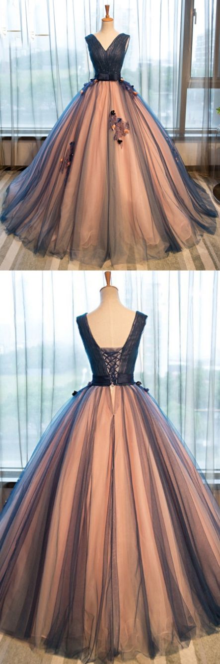 Gown Prom Dresses, Brown Ball Gown Evening Dresses, Gown Long Evening Dresses, Pretty Tulle V-neck Applique A-line Long Evening Dresses ,ball