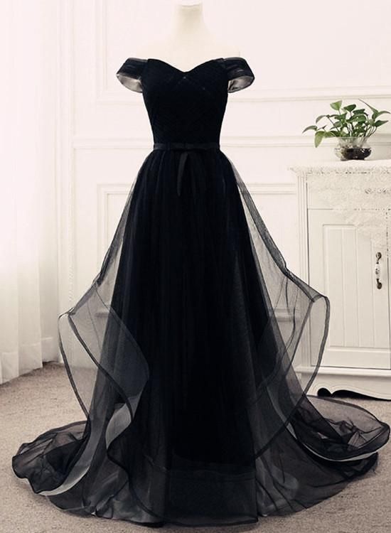 Black Party Dress Off Shoulder Junior Prom Dress , Tulle Party Gowns, Evening Dresses