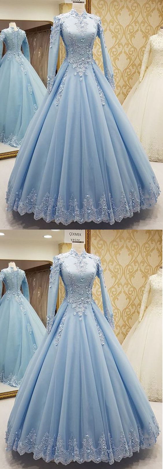 Blue Tulle Party Dress, High Neck Formal Evening Dress, With Long Sleeves