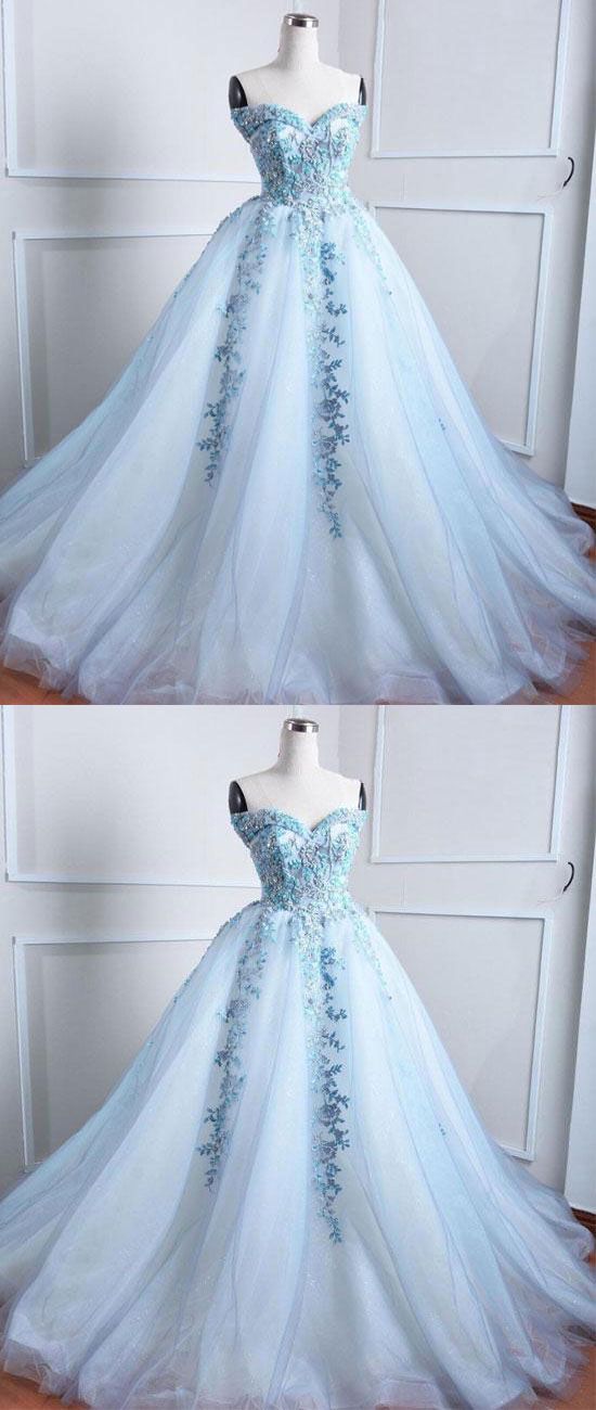 Light Blue Party Dress, Tulle Lace Prom Dress, Applique Long Prom Dress, Blue Evening Dress