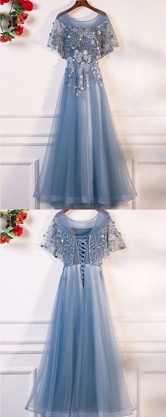 A-line ,crew Floor-length, Grey ,sleeveless, Tulle ,flowered Prom Dress With Appliques,evening Dress, Bridesmaid Dress