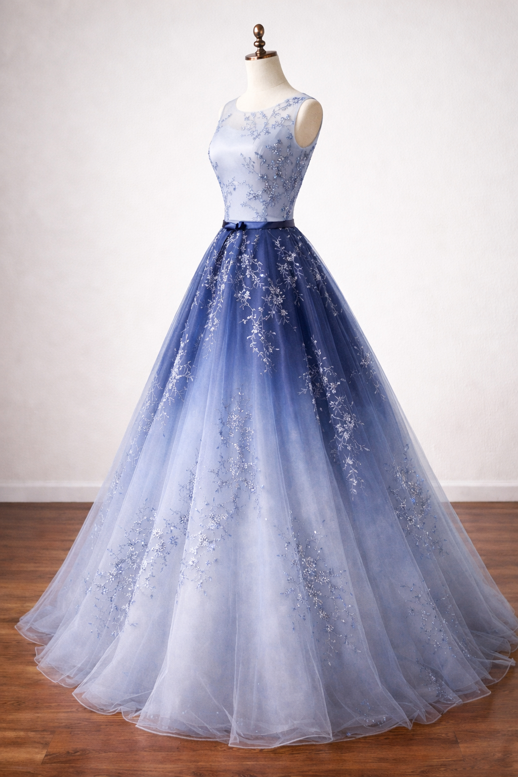 Blue Ombre Tulle Ball Gown With Floral Embroidery And Satin Ribbon Waist