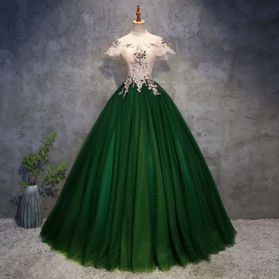 Chic / Beautiful ,dark Green Prom Dresses , Ball Gown, Appliques ,pearl ,off-the-shoulder, Backless ,sleeveless, Floor-length / Long Formal