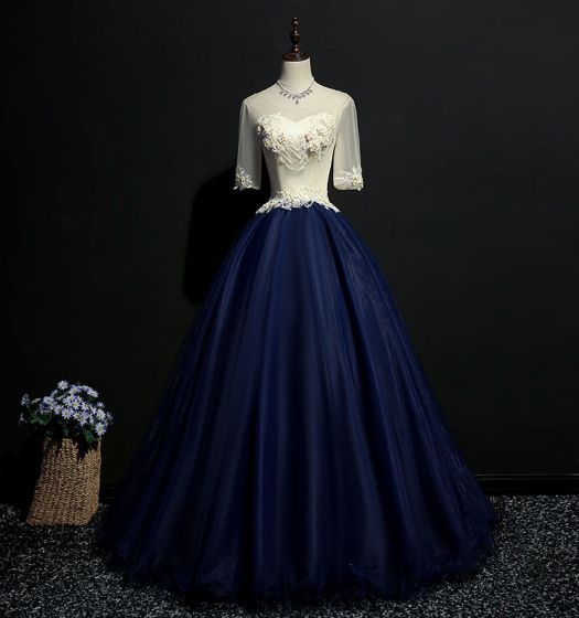 Elegant, Navy Blue Prom Dresses Ball Gown ,lace ,appliques, Scoop Neck, Backless ,1/2 Sleeves ,floor-length / Long Formal Dresses