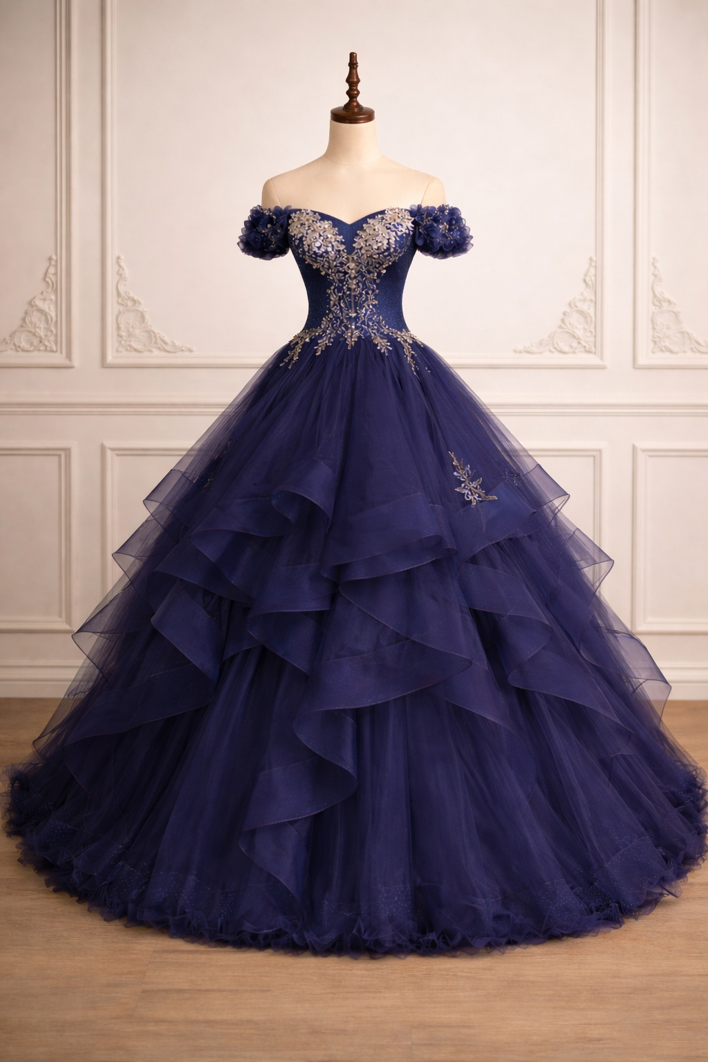 formal navy blue and gold dress Betsy & Adam Prom Dress Navy Blue and Gold embroidery bodice WITH POCKET-  size 4