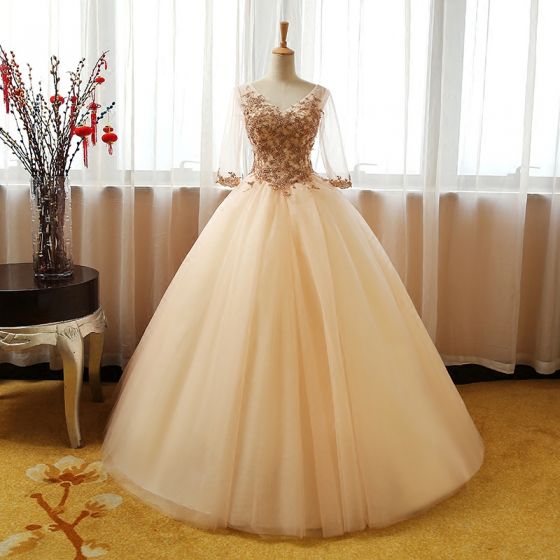 Chic / Beautiful, Champagne, Prom Dresses , Ball Gown ,v-neck, 3/4 Sleeve, Sequins ,beading ,floor-length / Long Ruffle Backless, Formal Dresses