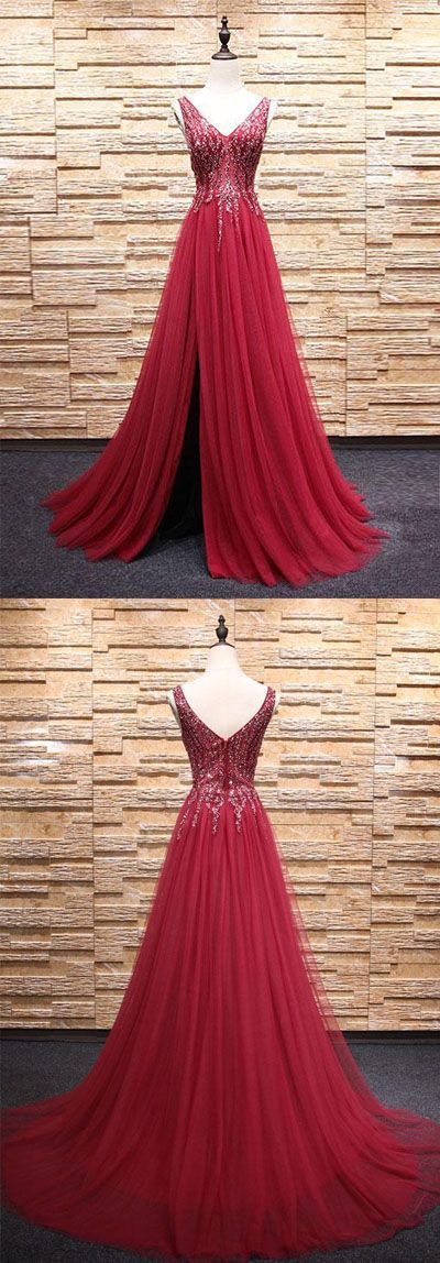 Stylish ,a-line ,v-neck, Burgundy, Tulle ,split Front ,long Prom Dress With Appliques, Prom Dresses,sexy, Champagne, Graduation Dress,open Back