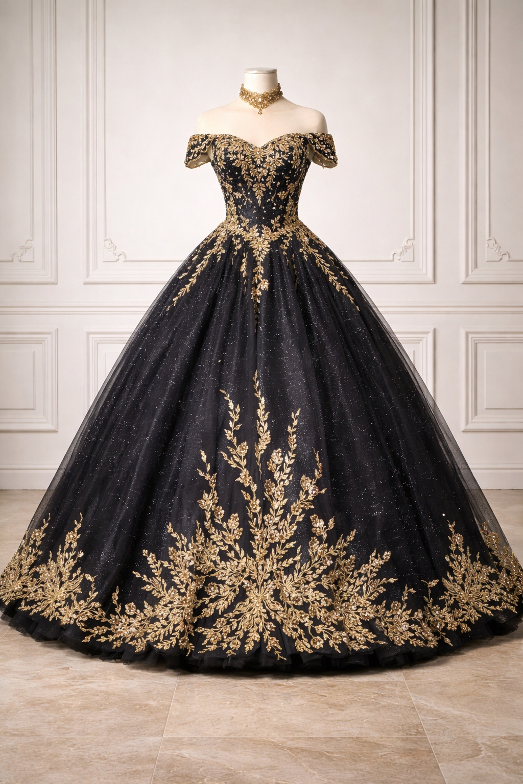 black and gold off the shoulder prom dress Ball Gown With 3d Embroidery And Full Skirt Luxury Formal on Luulla wedding gowns for brides 2021
