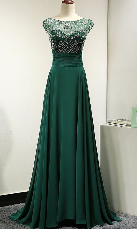 Floor Length, Chiffon, A-lin,e Evening Dress, Featuring Beaded Embellished, Bodice With Cap Sleeves ,and Bateau Neckline