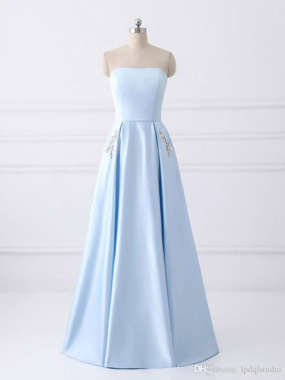 Light Sky Blue, Prom Dress, Strapless ,lace-up, Back ,satin With Crystal Beads ,floor Length Long Evening Dresses ,sexy Evening Dress,ball Gowns