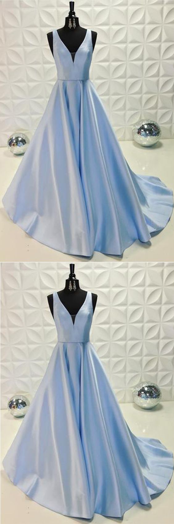 Simple Sky Blue Evening Dress, Satin V Neck Prom Dress, Long Halter Prom Dress, Long Handmade Party Dress