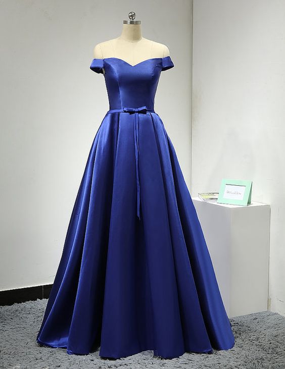 Royal Blue Prom Dress, Satin Floor Length Prom Dress, A-line Party Dress, Off Shoulder Evening Dresses