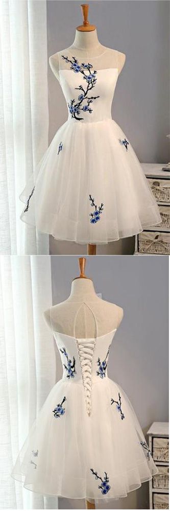 A Line, White Embroidery, Short Knee-length, Tulle ,sleeveless ,open Back ,homecoming Dress ,evening Dress,ball Gown ,homecoming Dress
