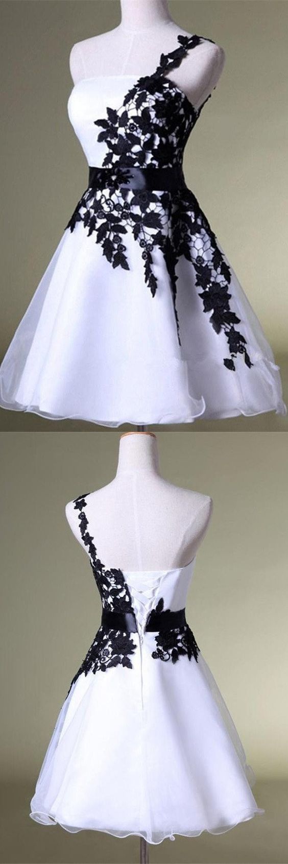 White&black, One Shoulder ,homecoming Dress, Lace, Short Prom Dress ,puffy Dress ,party Dress, Prom Dress , Prom Dress,evening Dress