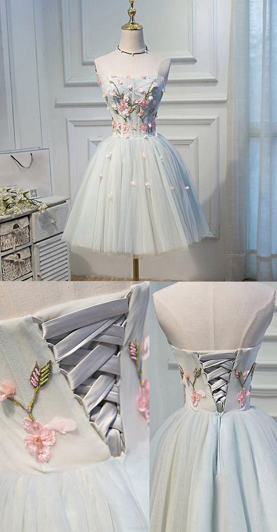 A-line ,homecoming Dresses, Grey Homecoming Dresses, Short ,party Dresses ,with Flower ,sleeveless, Strapless ,homecoming Dress