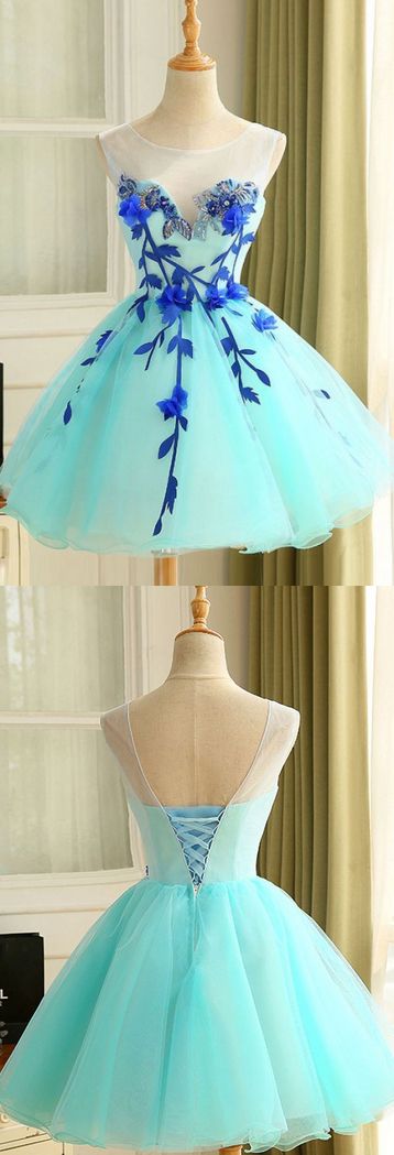 Light Blue Party Dresses, Short Homecoming Dresses, Ball Gown Tulle Homecoming Dress Beautiful A Line Flower Short Evening Dress