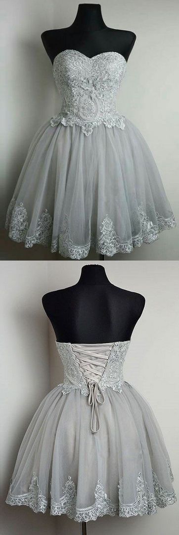 Silver ,prom Dresses, Short Prom Dresses, Strapless, Sweetheart Neck, Grey Homecoming Dresses, Lace Appliqued, Short Prom Dresses, Homecoming