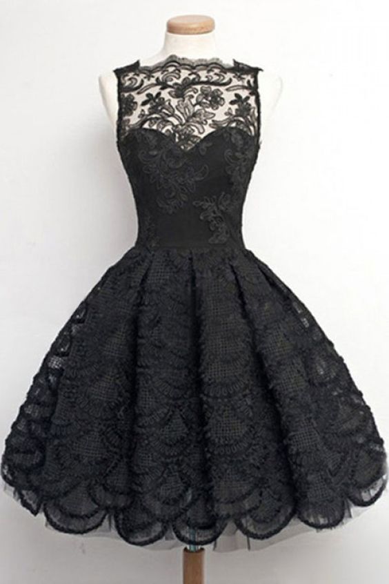 Vintage, Homecoming/prom Dress - Black Sheer Neck With Lace , Short Evening Gowns