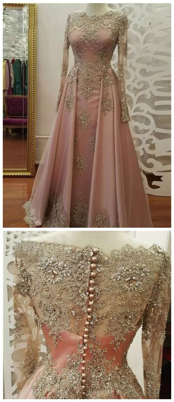 A-line Prom Dresses, Scoop Long Sleeve ,pink Applique, Long Prom Dress, Evening Dresses , Evening Gowns, Fashion ,prom Dresses