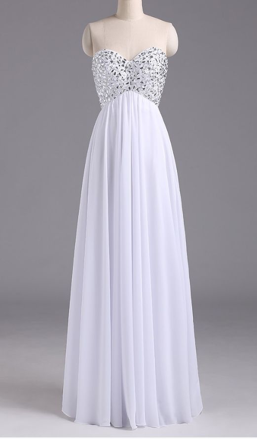 Sleeveless, White Long ,chiffon Gown , Crystal Evening Gown , Evening Gowns,prom Dresses