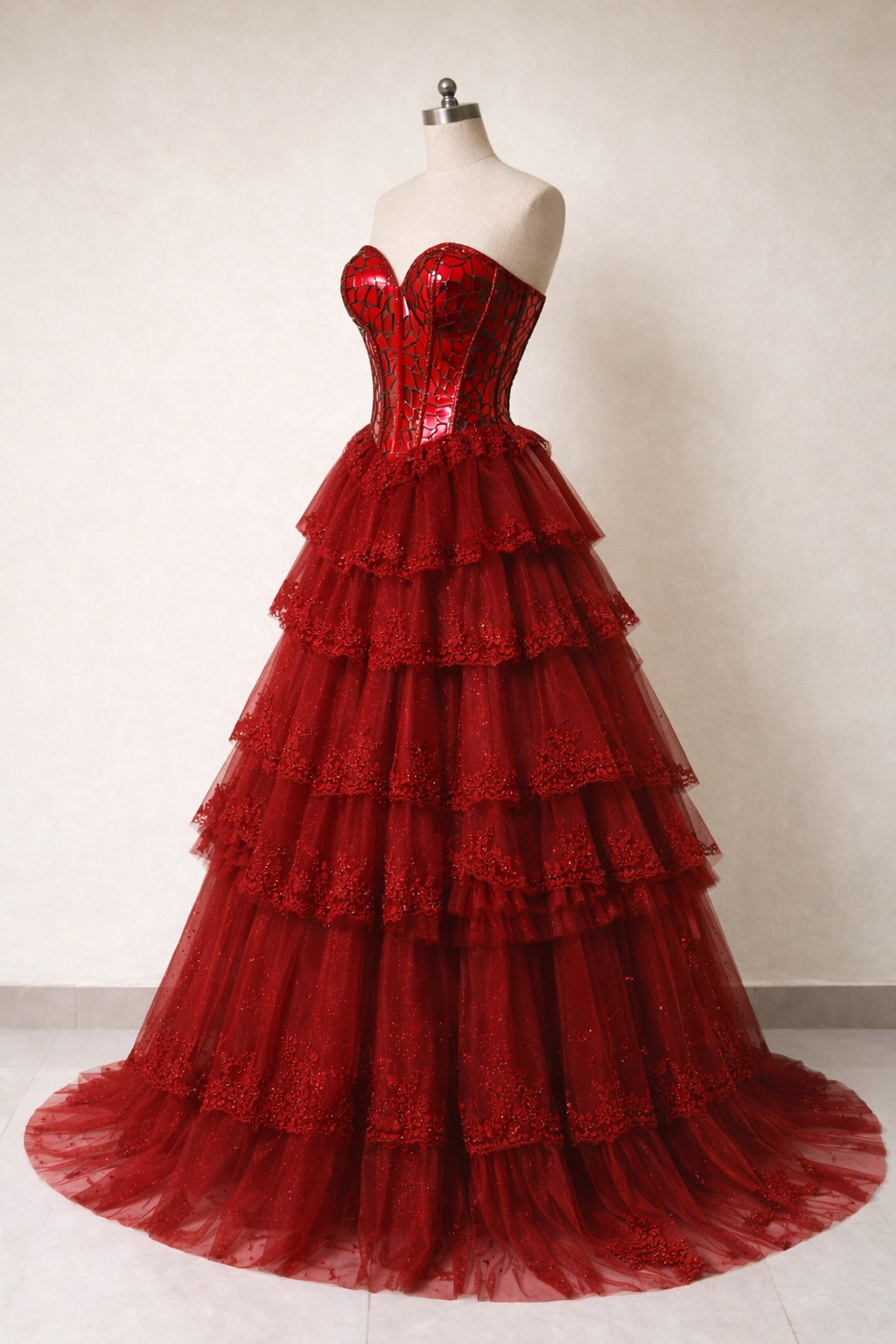 Red Strapless Corset Ball Gown With Tiered Lace Tulle Skirt And Lace-up Back Closure Red Strapless Corset Ball Gown With Tiered Lace Tulle Skirt And Lace-up Back Closure