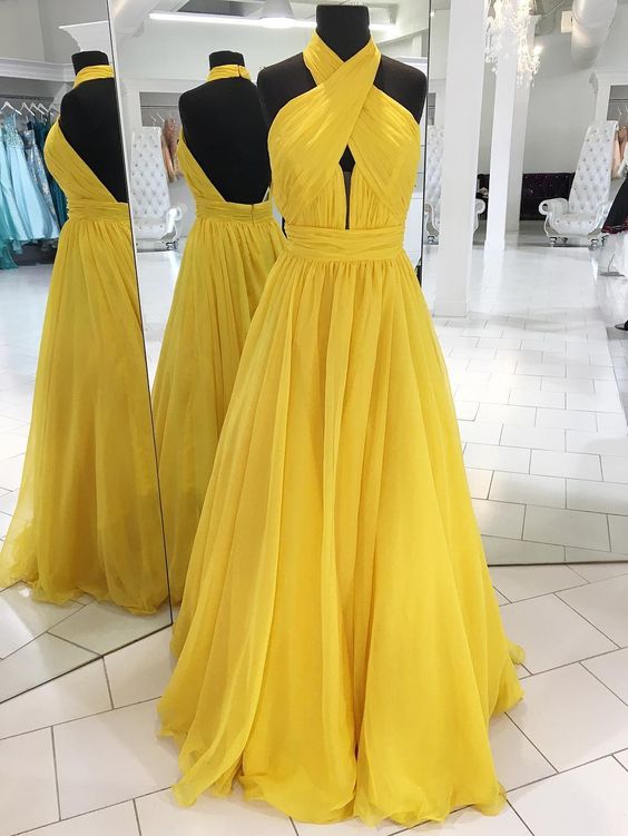 High Neck, Backless ,yellow Long ,backless,,sexy,prom Dress ,evening Gowns
