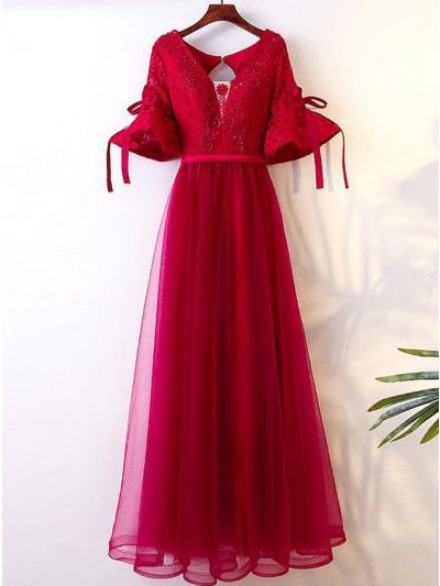 Red Tulle Sweetheart Neck Long Prom Dress, Evening Dress , Middle Sleeves,custom Made ,evening Gowns