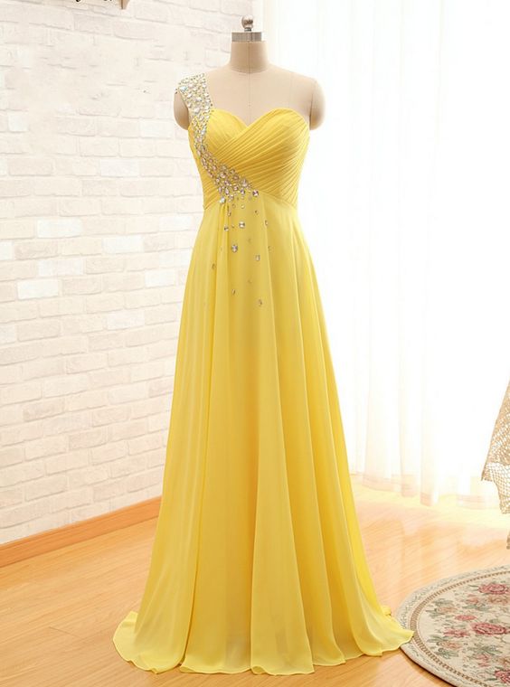 Yellow Blue Chiffon, One Shoulder ,sweep Train Bridesmaid Dress Evening Dress,floor-length Chiffon Prom Dress/evening Dress ,formal Party Gown