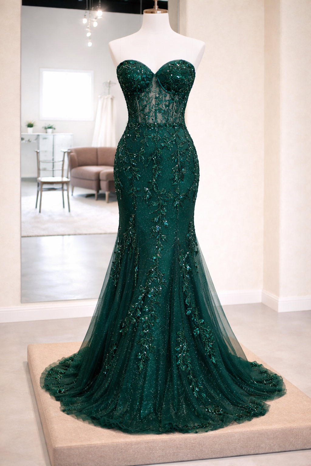 kylie jenner emerald green dress Wedtrend Women Dark Green Long Prom Dress with Beading Mermaid Lace Up Back  Corset Formal Dress – WEDTREND main image 1