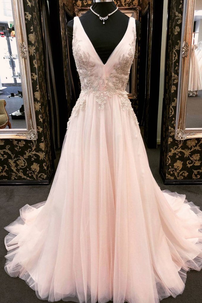 Unique, V Neck ,tulle Lace ,applique ,long Prom Dress, Pink Evening Dress, Evening Dresses ,evening Dress,evening Gowns