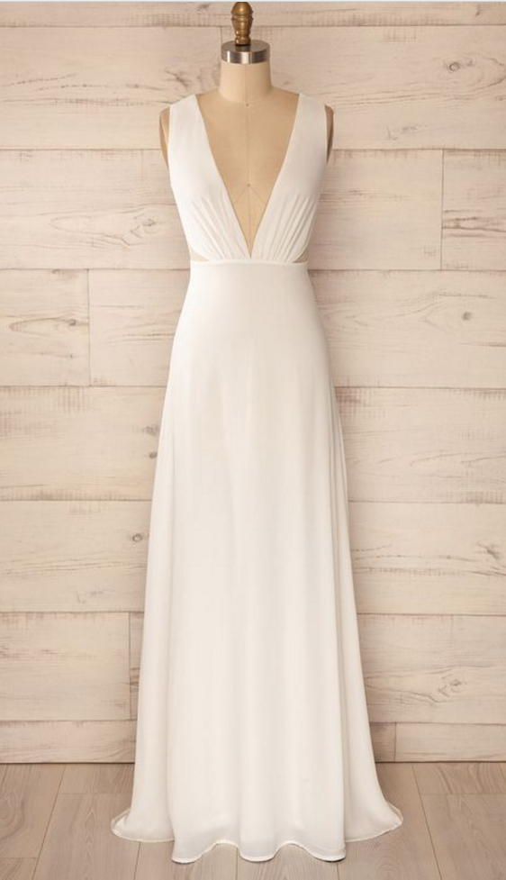 Plunging V Neck Sleeveless Chiffon A-line Floor-length Wedding Dress, Prom Dress, Evening Dress