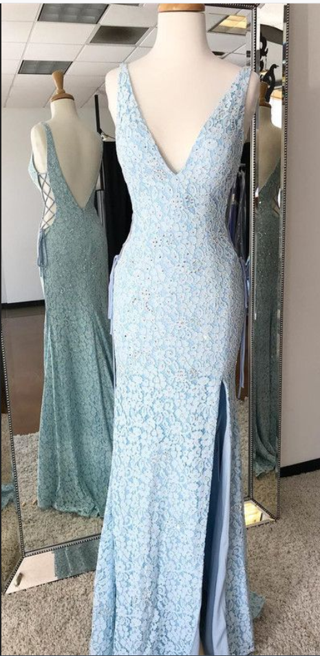 Mermaid V-neck Backless ,sweep Train, Blue Lace Prom Dress,sexy Party Dress