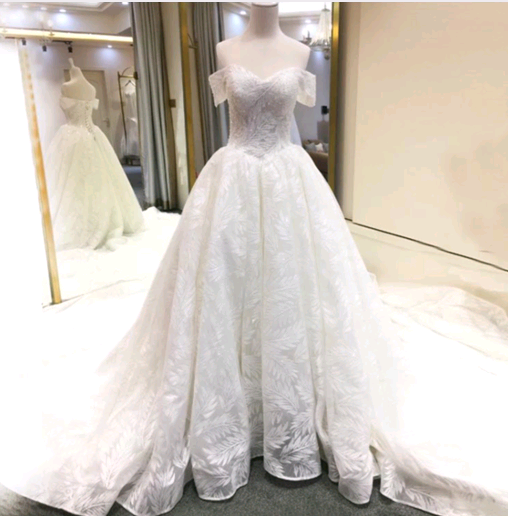 Off-the-shoulder Leaf Appliqués Ball Gown Wedding Dress Featuring Lace-up Back And Long Train