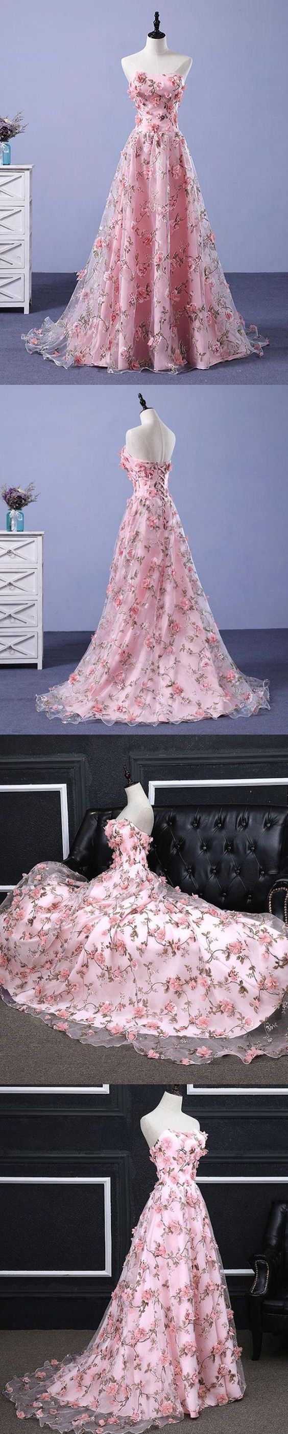 Pink Prom Dresses, A-line Sweetheart,sweep Train ,floral Print ,long Lace Prom Dress ,sexy Prom Dress, Long Evening Dress
