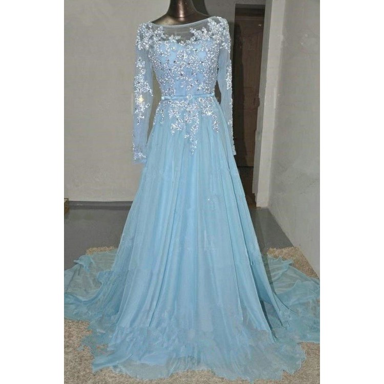 Bateau Prom Dresses, Blue Long Prom Dresses, Baby Blue Long Sleeves Lace Beading Chiffon Prom Dresses ,sexy Prom Dress, Long Evening Dress