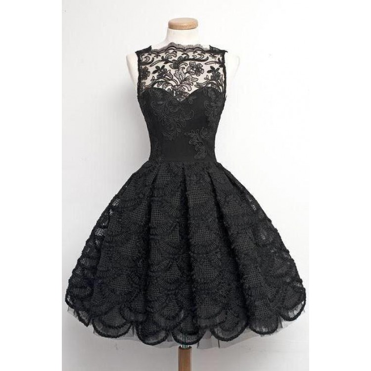 Bateau Homecoming Dresses, Black Short Prom Dresses, A-line ,short Sleeveless ,vintage Black Lace Prom/homecoming Dress ,sexy Prom Dress,short